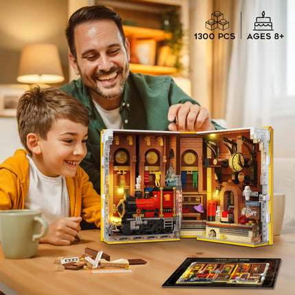 Magic Train Station Book Nook Building Set with Light, Gifts for Kids & Adults