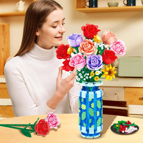 CUBIMANA Roses Bouquet Building Set with LED | Easter Gift for Her