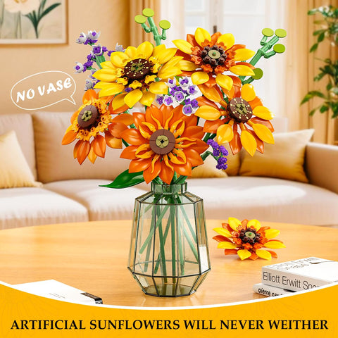 CUBIMANA Sunflower Bouquet Building Set with Lights | Gift for Home Decor