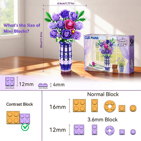 CUBIMANA Purple Roses Building Set with LED | Gift for Home Decor