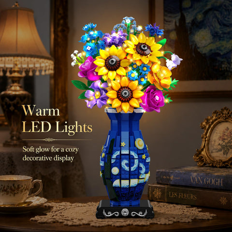 Flower Bouquet Building Set with Starry Night Vase & LED Light