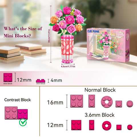 CUBIMANA Pink Rose Bouquet Building Set with Vase