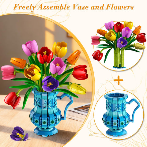 CUBIMANA Tulips Bouquet Building Set | Easter Gift for Her & Home Decor