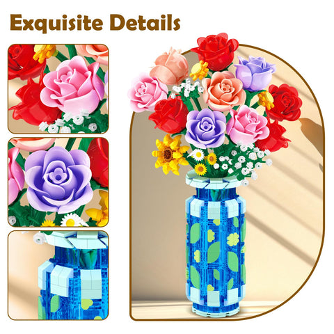 CUBIMANA Roses Bouquet Building Set with LED | Easter Gift for Her