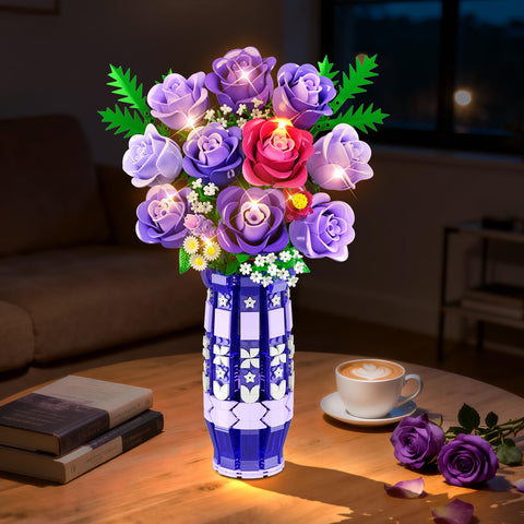CUBIMANA Purple Roses Building Set with LED | Gift for Home Decor