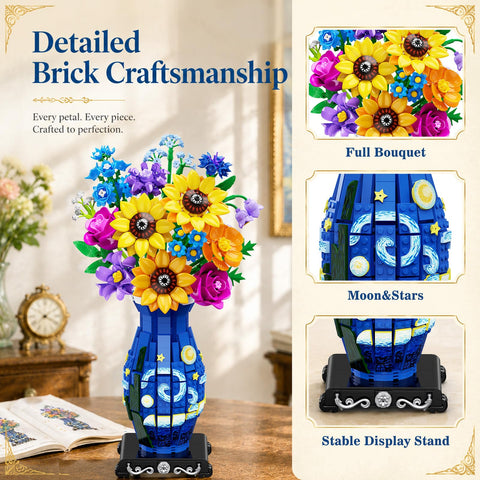 Flower Bouquet Building Set with Starry Night Vase & LED Light