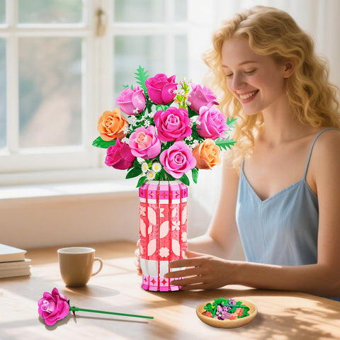 CUBIMANA Pink Rose Bouquet Building Set with Vase