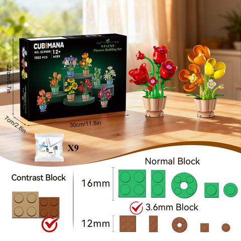 9 Pack Flowers Botanicals Collection 3.6MM Mini Building Set-1362PCS