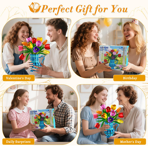 CUBIMANA Tulips Bouquet Building Set | Easter Gift for Her & Home Decor