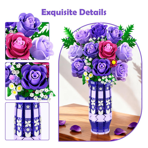 CUBIMANA Purple Roses Building Set with LED | Gift for Home Decor