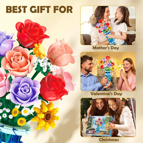 CUBIMANA Roses Bouquet Building Set with LED | Easter Gift for Her