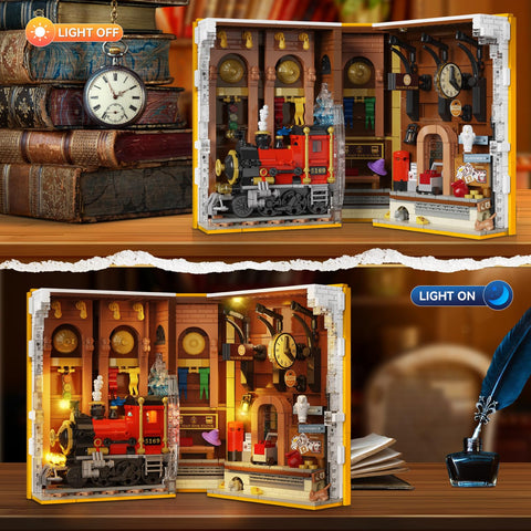 Magic Train Station Book Nook Building Set with Light, Gifts for Kids & Adults