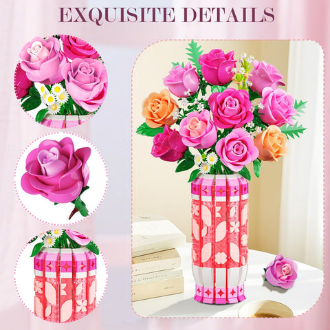 CUBIMANA Pink Rose Bouquet Building Set with Vase