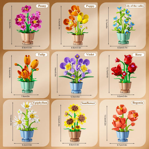 9 Pack Flowers Botanicals Collection 3.6MM Mini Building Set-1362PCS