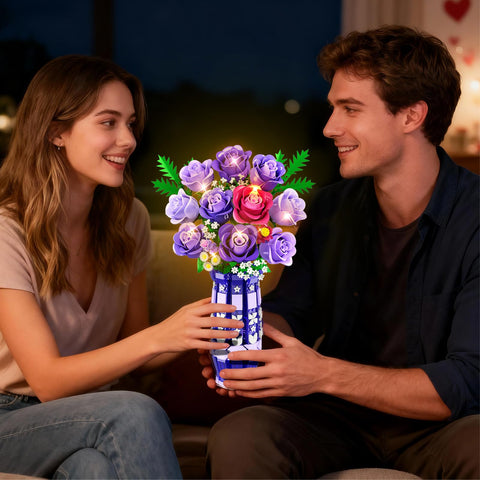 CUBIMANA Purple Roses Building Set with LED | Gift for Home Decor