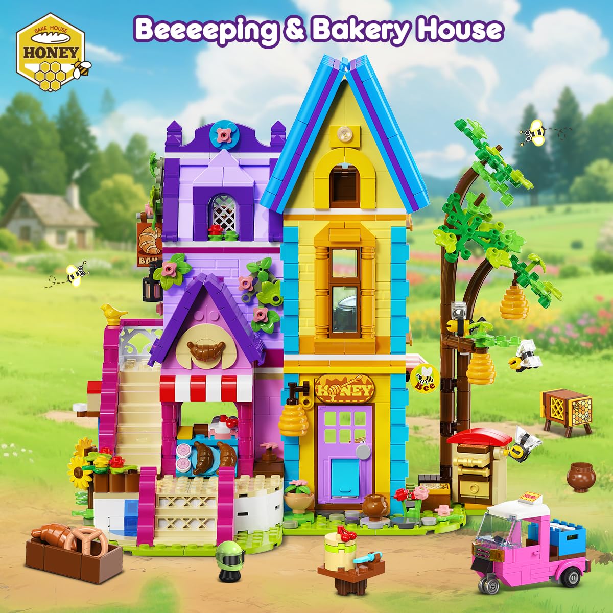 HOGOKIDS Beekeeping & Bakery House Building Toy with LED Light - 1084PCS，Ages 8-12+ Years