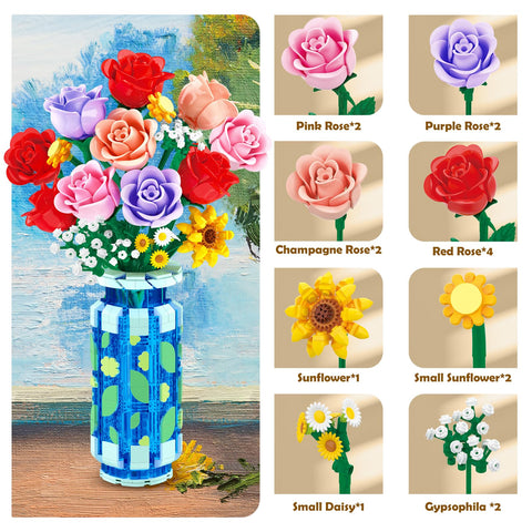 CUBIMANA Roses Bouquet Building Set with LED | Easter Gift for Her