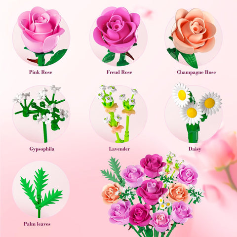 CUBIMANA Pink Rose Bouquet Building Set with Vase