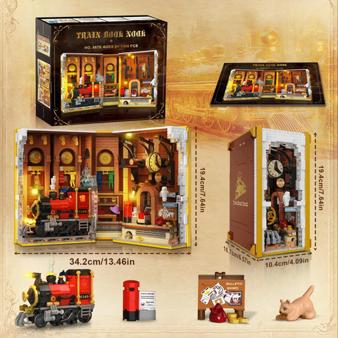 Magic Train Station Book Nook Building Set with Light, Gifts for Kids & Adults