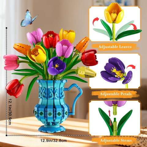 CUBIMANA Tulips Bouquet Building Set | Easter Gift for Her & Home Decor