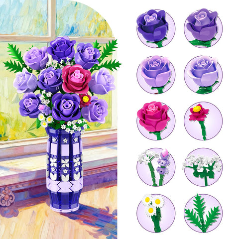 CUBIMANA Purple Roses Building Set with LED | Gift for Home Decor