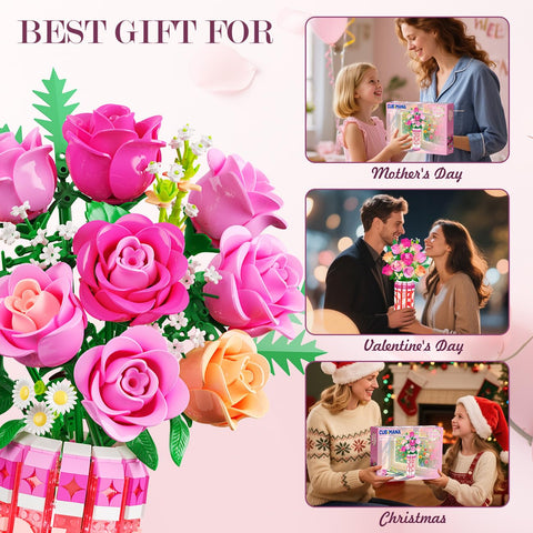 CUBIMANA Pink Rose Bouquet Building Set with Vase