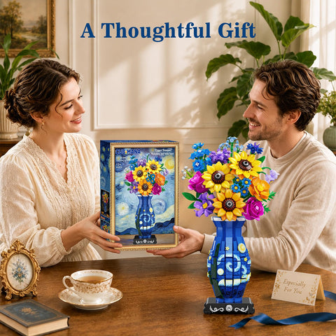 Flower Bouquet Building Set with Starry Night Vase & LED Light