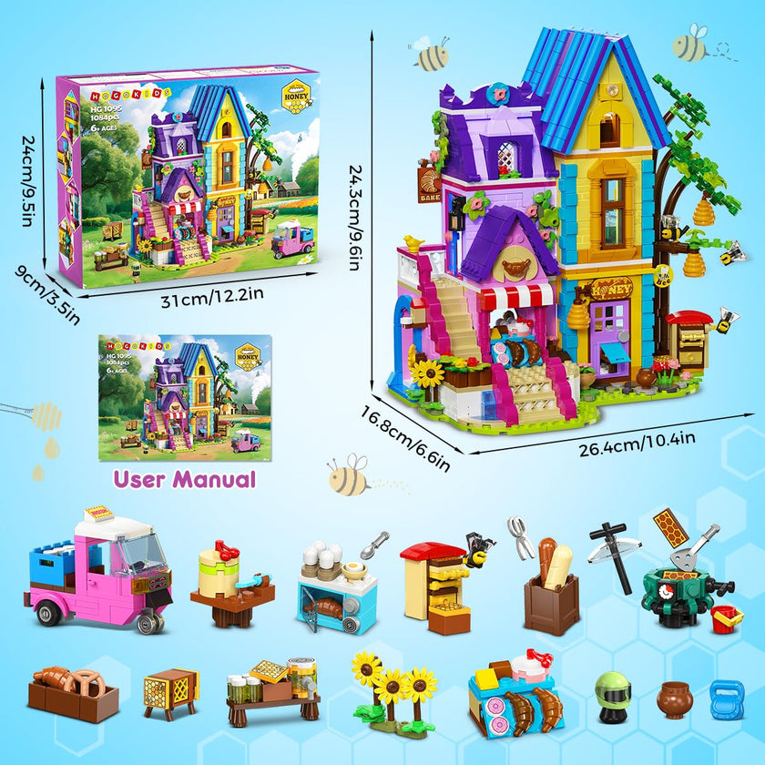 HOGOKIDS Beekeeping & Bakery House Building Toy with LED Light - 1084PCS，Ages 8-12+ Years