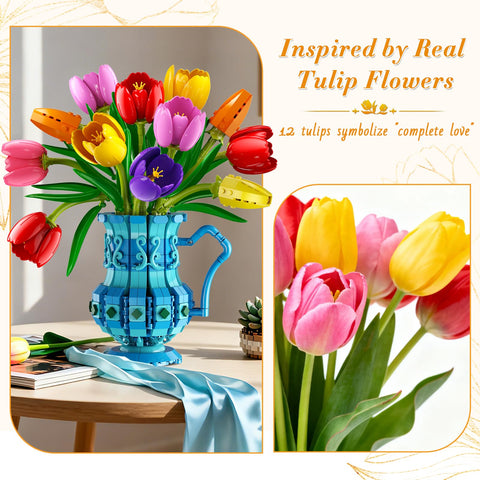 CUBIMANA Tulips Bouquet Building Set | Easter Gift for Her & Home Decor