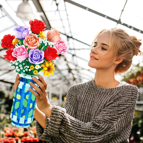 CUBIMANA Roses Bouquet Building Set with LED | Easter Gift for Her
