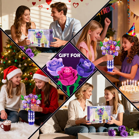 CUBIMANA Purple Roses Building Set with LED | Gift for Home Decor
