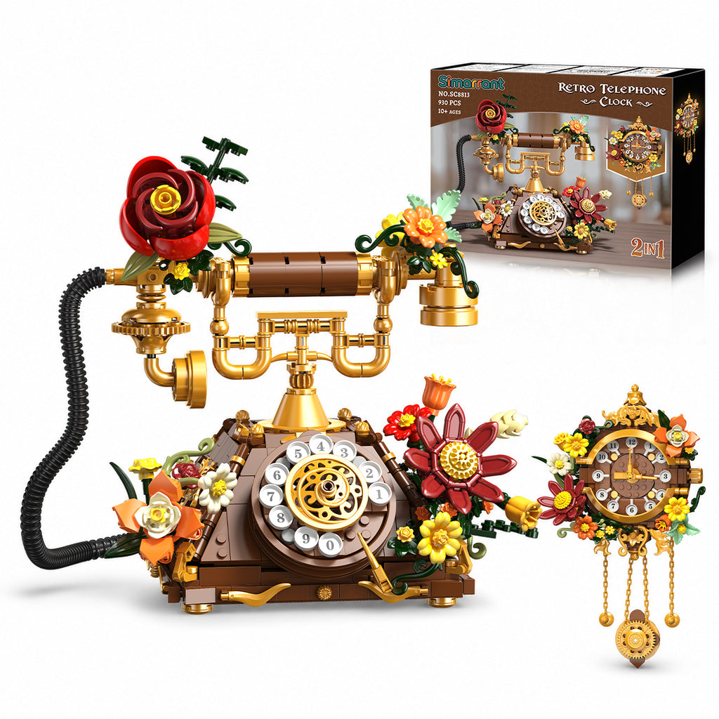 SIMARRANT 2-in-1 Retro Telephone and Wall Clock Building Set – 882-Piece Vintage Floral Décor, Ages 12+