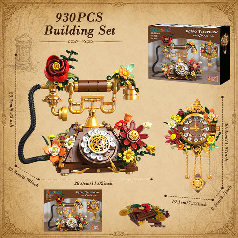SIMARRANT 2-in-1 Retro Telephone and Wall Clock Building Set – 882-Piece Vintage Floral Décor, Ages 12+