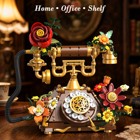 SIMARRANT 2-in-1 Retro Telephone and Wall Clock Building Set – 882-Piece Vintage Floral Décor, Ages 12+