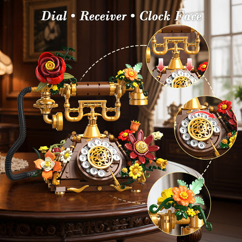 SIMARRANT 2-in-1 Retro Telephone and Wall Clock Building Set – 882-Piece Vintage Floral Décor, Ages 12+