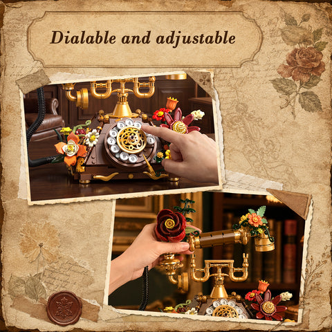 SIMARRANT 2-in-1 Retro Telephone and Wall Clock Building Set – 882-Piece Vintage Floral Décor, Ages 12+