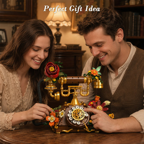 SIMARRANT 2-in-1 Retro Telephone and Wall Clock Building Set – 882-Piece Vintage Floral Décor, Ages 12+